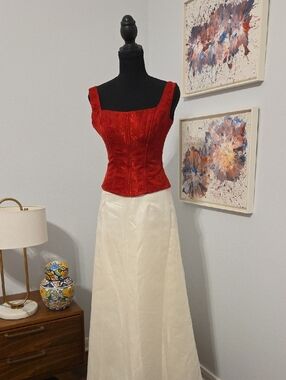 Red Brocade Corset Top And Ecru Satin Skirt